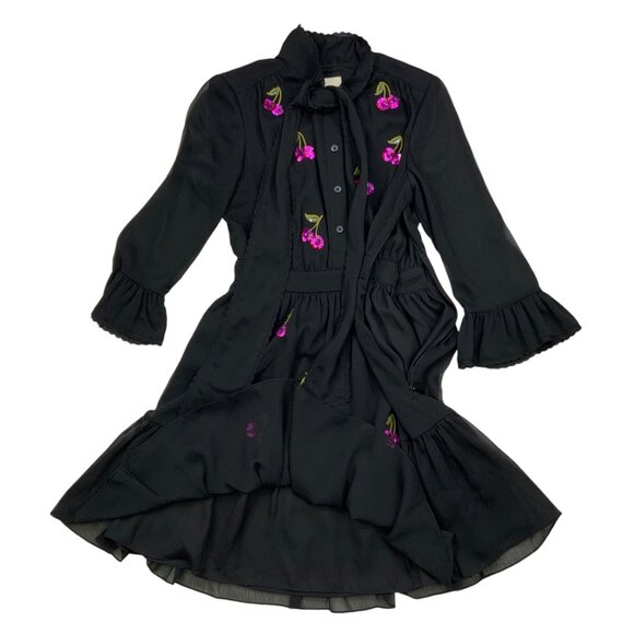Kate Spade Sequins Cherries Shirtdress 4 Black Mini Bow Tie Neck Ruffle Formal - Picture 10 of 12